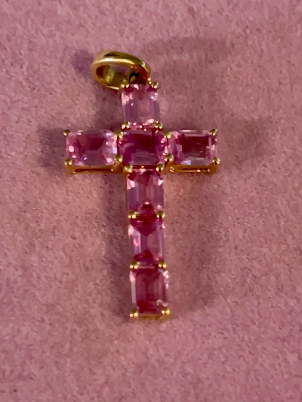 Gold Cross Pendant with Pink Gemstones